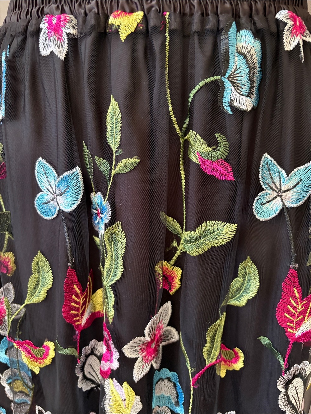 Black Floral Embroidered Maxi Skirt w/Black Mini Skirt Lining - Picture 2 of 6